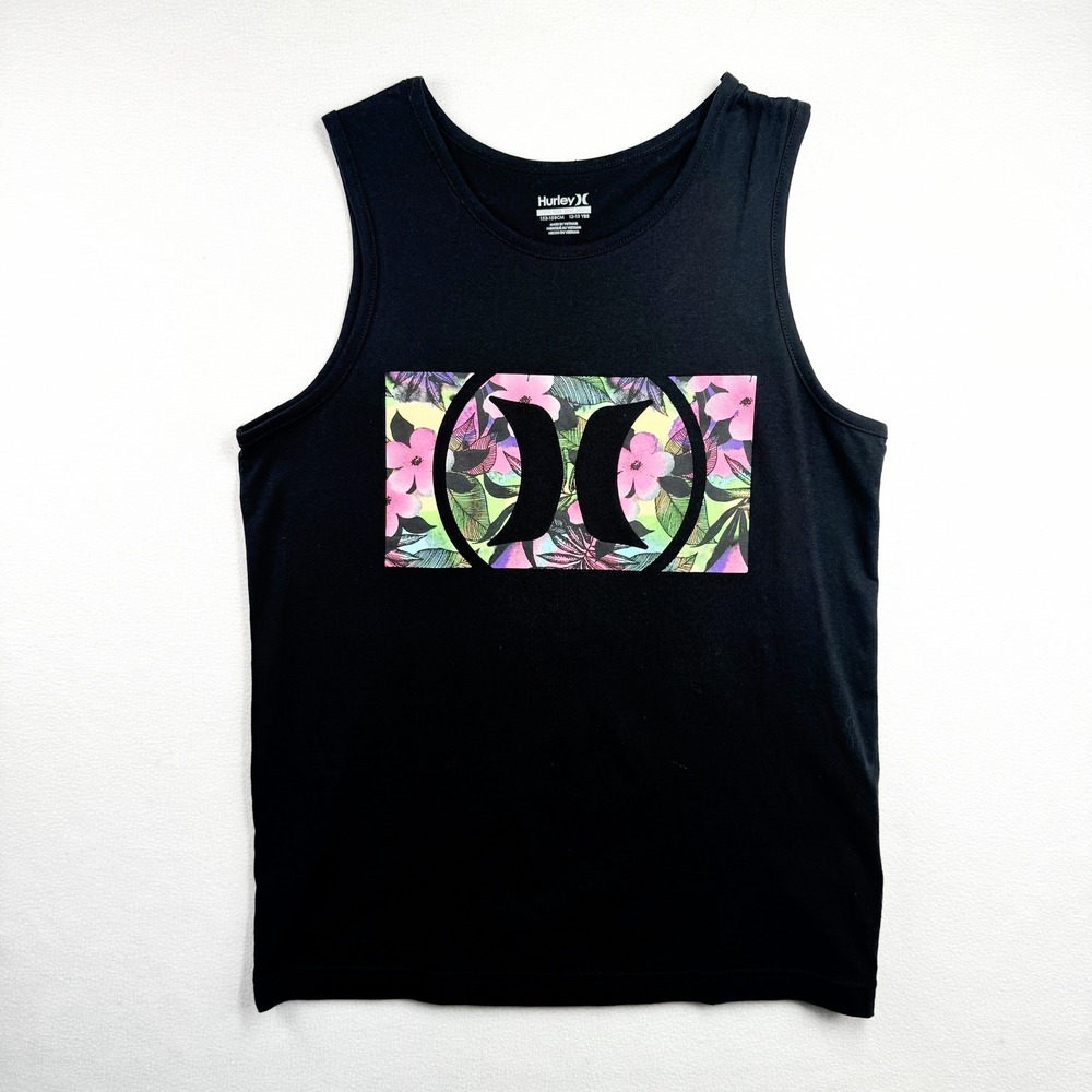 Hurley Boys Black Graphic Tank Top Floral Logo Sleeveless Shirt Size L 12-13 YRS